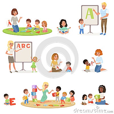 Set of children doing speech therapy with teachers. Child development center. Kids alphabet letters through play Vector Illustration