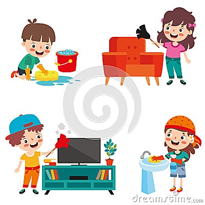 Set Of Children Doing Various Houseworks Vector Illustration