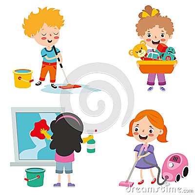 Set Of Children Doing Various Houseworks Vector Illustration