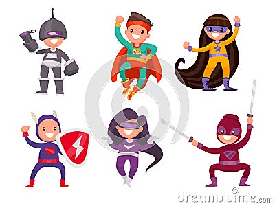 Set of children dressed in superhero costumes on a white background. Vector illustration in a flat style Cartoon Illustration