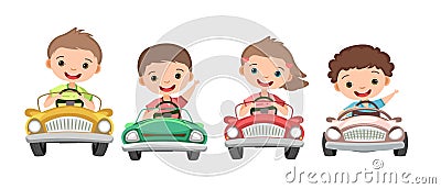 Set. Children drive a car. Kids. Childrens pedal or electro automobile. Cabriolet. Toy vehicle. With a motor. Good Vector Illustration