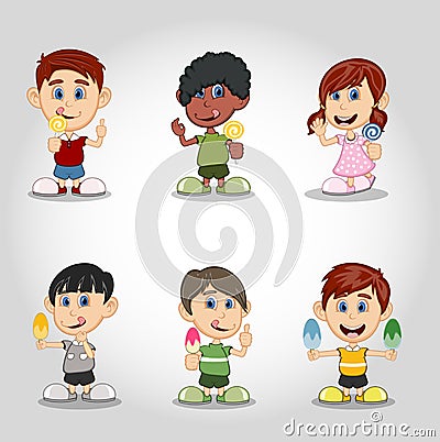 Set of children eating candy and ice cream cartoon Vector Illustration