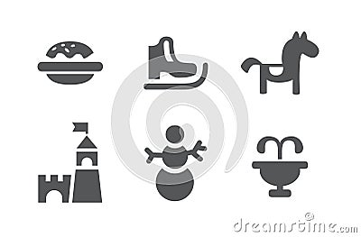 Set of children entertainment icons. Carousel skates snowman burger and tower. Black and white isolated Vector Illustration