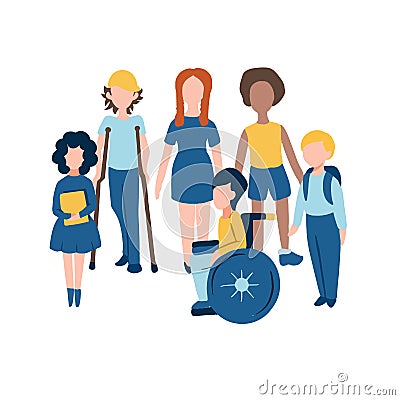 MobileSet of children flat icons including disabled kids on wheelchair and crutches, red headed girl and afro-american boy Stock Photo