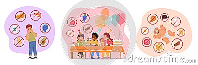 Set Children with Food Allergy Symptoms. Little Kids Characters Allergic Reaction on Ingredients Vector Illustration Stock Photo