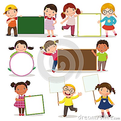 Set of children holding blank signs Vector Illustration