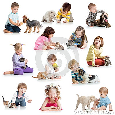 Set of children with pets dogs, cats, rat Stock Photo