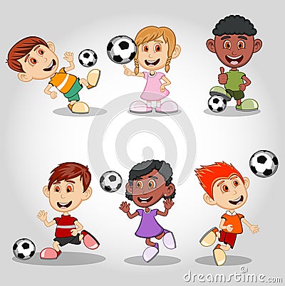 Set of children playing soccer cartoon Vector Illustration