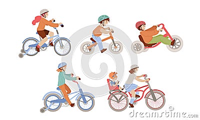 Set of children riding bicycles of different types - city, 4 wheel, balance bike and bmx bicycle with Child Seat, Baby Vector Illustration