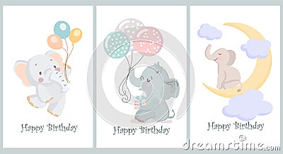 Set of children's cards happy birthday, cute baby elephants with balloons. Design for invitations, bedroom decor Vector Illustration