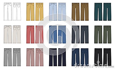 Set of children`s classical jeans technical sketch. Denim casual clothes multicolored collection Vector Illustration