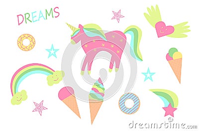 Set of children`s elements of fairy-tale drawings and characters unicorn rainbow, clouds and heart, ice cream Stock Photo