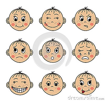 Set children's faces with different emotions Vector Illustration