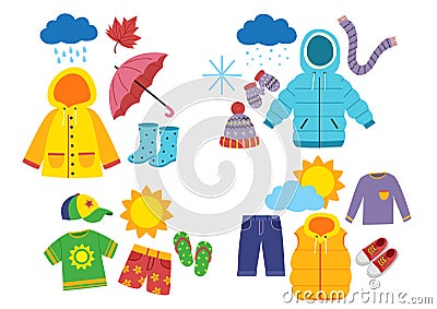 Set of children`s season clothes Vector Illustration