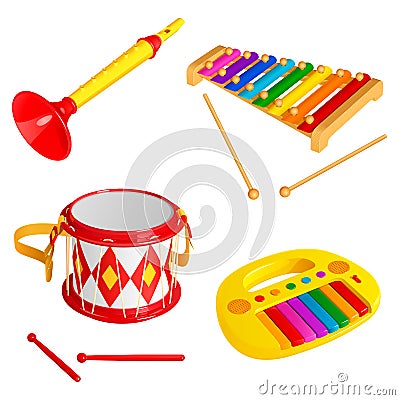 Set of children`s toy musical instruments, isolated on white background Vector Illustration