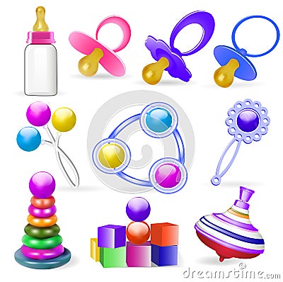 Set of children's toys rattles and nipple Vector Illustration