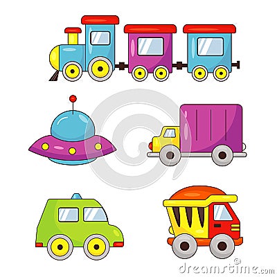 A set of children's toys transport. Cars, steam train, flying saucer Stock Photo