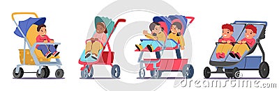 Set Of Children Sitting In Strollers Isolated On White Background. Cute Toddlers Boys And Girls Characters Sit In Prams Vector Illustration