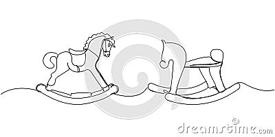 Set of children toy rocking horse one line art. Continuous line drawing of childhood, relax, rest, play, have fun, happy Vector Illustration