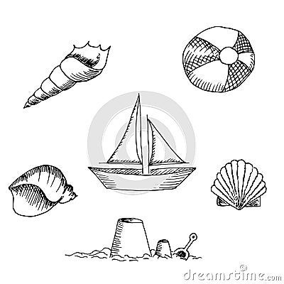 Set of children toys for playing on the beach. Seashell, inflatable striped ball, ship, boat, sand shapes for castle building. Vector Illustration