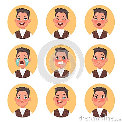 Set of children's boy avatars expressing various emotions. Smile Cartoon Illustration