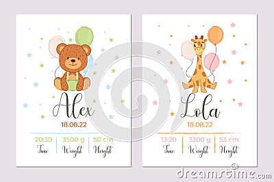 A set of childrens posters, height, weight, date of birth. Bear.Giraffe. Vector Illustration