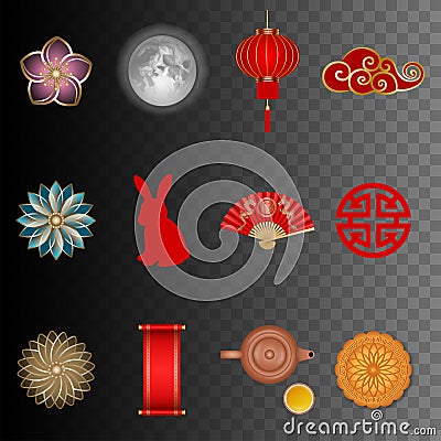 Set of mid autumn festival illustrations. Isolated chinese tradition elements Vector Illustration