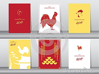 Set of chinese new year 2017cards,chinese cards,poster,template,greeting cards,animals,cute,rooster,Vector illustrations Vector Illustration