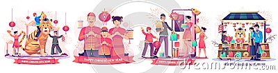 Set of Chinese New Year with People celebrates the lunar new year. children playing with a zodiac lion. family online shopping Vector Illustration