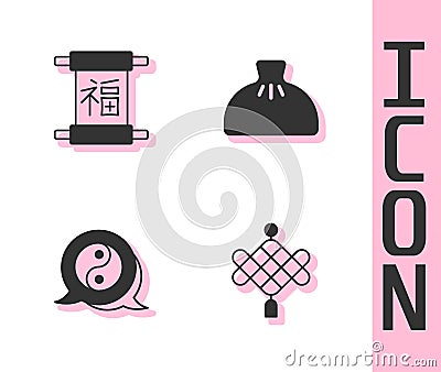 Set Chinese paper lantern, New Year, Yin Yang symbol and Dumpling icon. Vector Vector Illustration