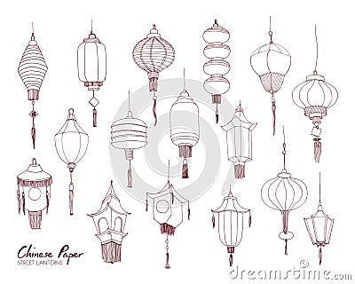 Set of Chinese paper street lanterns of different types and sizes hand drawn with contour lines. Bundle of traditional Vector Illustration