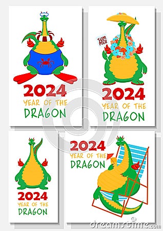 A set of Chinese posters with a green dragon and an inscription. Asian festive new year banner, poster and menu flyer template. Vector Illustration