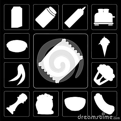 Set of Chips, Hot dog, Bowl, Flour, Pepper, Cauliflower, Peas, I Stock Photo