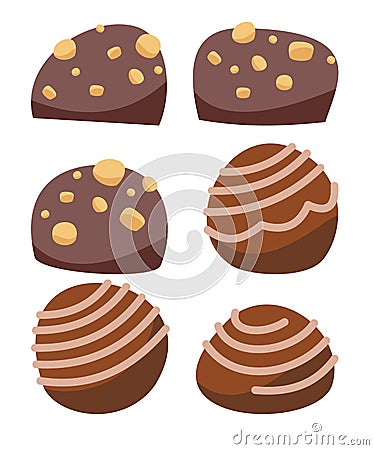 Set. Chocolate candies. Assorted brown dessert. In nuts and cream pattern. Delicious treats. Flat cartoon background Vector Illustration