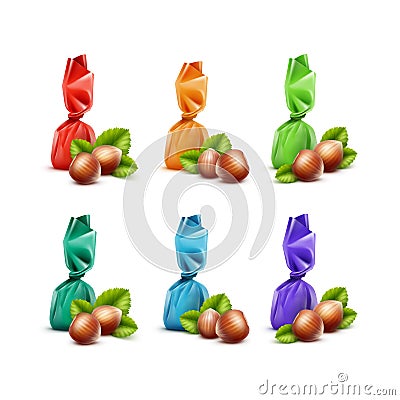 Set of Chocolate Candies with Hazelnuts in Colored Foil Wrapper Close up on White Background Vector Illustration