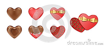 Set of chocolate candies for Valentines Day gift. Realistic dessert collection with heart pralines Vector Illustration