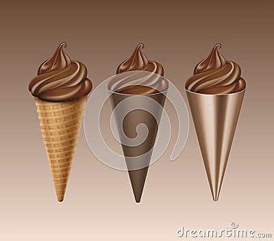 Set of Chocolate Soft Serve Ice Cream Waffle Cone Isolated Vector Illustration