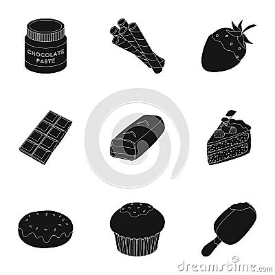 A set of chocolate sweets. Chocolate products for people. Chocolate desserts icon in set collection on black style Vector Illustration