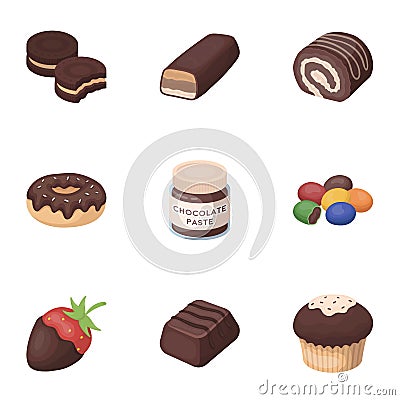 A set of chocolate sweets. Chocolate products for people. Chocolate desserts icon in set collection on cartoon style Vector Illustration