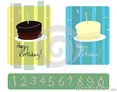 Set of Chocolate & Vanilla Birthday Cakes with Numbered Candles Vector Illustration