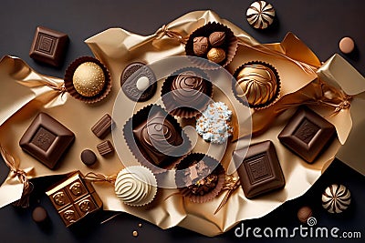 set of chocolates on a dark background top view AI Generation Stock Photo