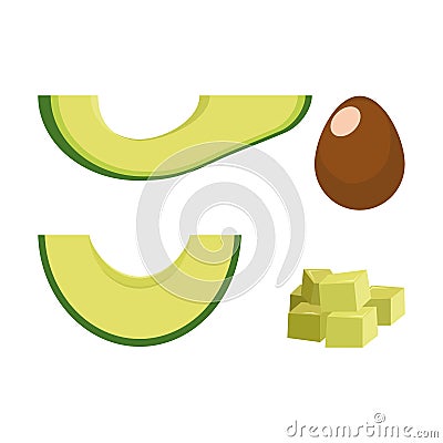 A set of chopped avocado. Avocado cut lengthwise, crosswise and into cubes. An avocado pit. Vector Illustration