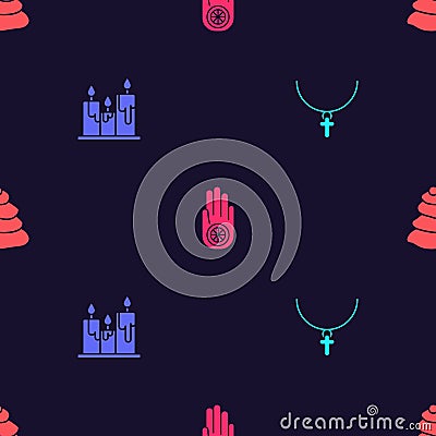 Set Christian cross on chain, Burning candles, Jainism or Jain Dharma and Stack hot stones on seamless pattern. Vector Vector Illustration