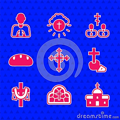 Set Christian cross, Stained glass, Church building, Bread loaf, Priest and Hands praying position icon. Vector Vector Illustration