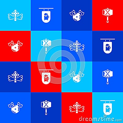 Set Christian cross, Street signboard with Bar, Medieval shield axe and icon. Vector Vector Illustration