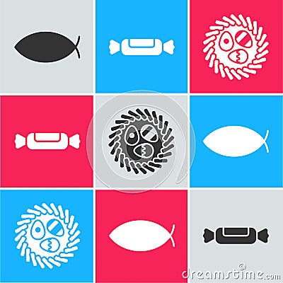 Set Christian fish, Candy and Easter egg in a wicker nest icon. Vector Vector Illustration