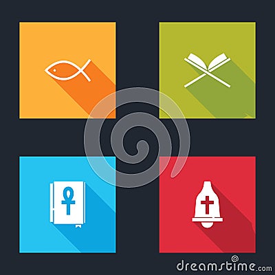 Set Christian fish, Holy book of Koran, Cross ankh and Church bell icon. Vector Stock Photo