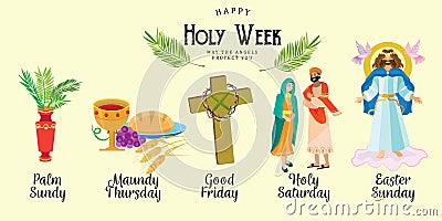 Set for Christianity holy week before easter, Lent and Palm or Passion Sunday, Good Friday crucifixion of Jesus and his Vector Illustration