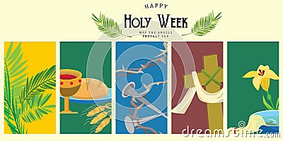 Set for Christianity holy week before easter, Lent and Palm or Passion Sunday, Good Friday crucifixion of Jesus and his Vector Illustration