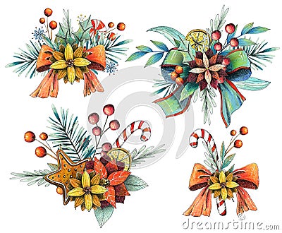 Set of christmas arrangements with poinsettia, bow, gigngerbread, leaves, pine, lollipop, candy and berries Cartoon Illustration